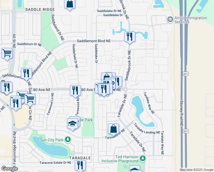 map of restaurants, bars, coffee shops, grocery stores, and more near 7180 80 Avenue Northeast in Calgary
