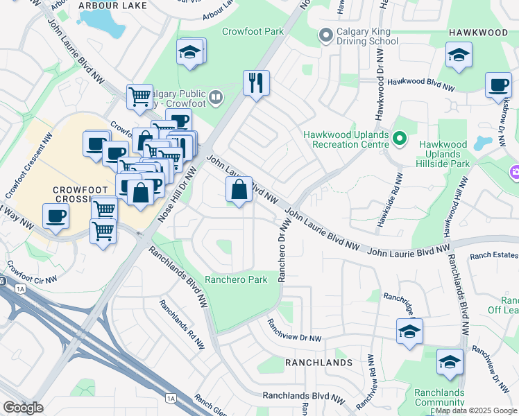 map of restaurants, bars, coffee shops, grocery stores, and more near 40 Range Gardens Northwest in Calgary