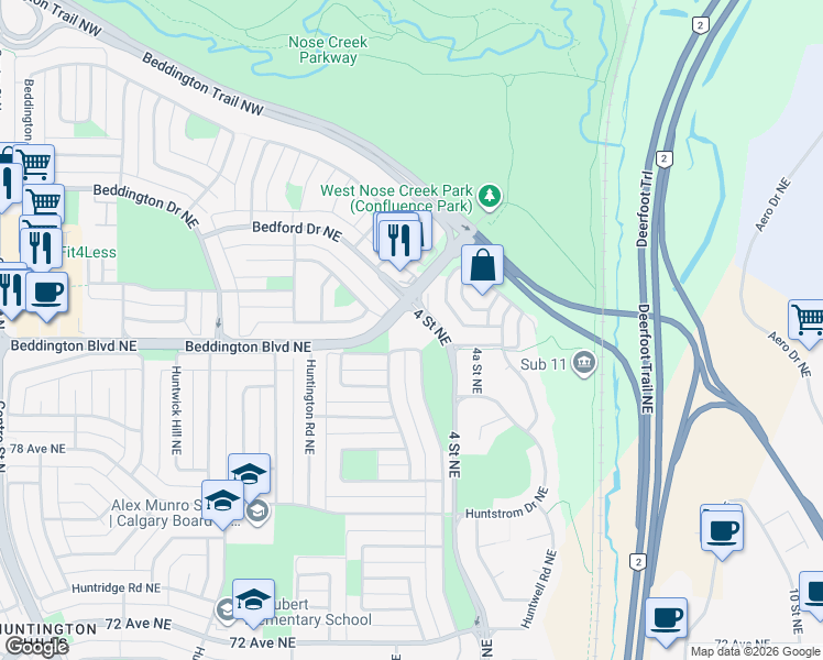 map of restaurants, bars, coffee shops, grocery stores, and more near 230 Huntington Close Northeast in Calgary
