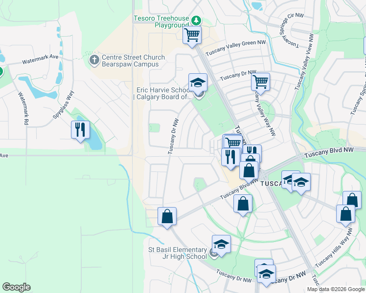 map of restaurants, bars, coffee shops, grocery stores, and more near in Calgary