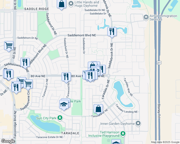 map of restaurants, bars, coffee shops, grocery stores, and more near 116 Saddlelake Drive in Calgary