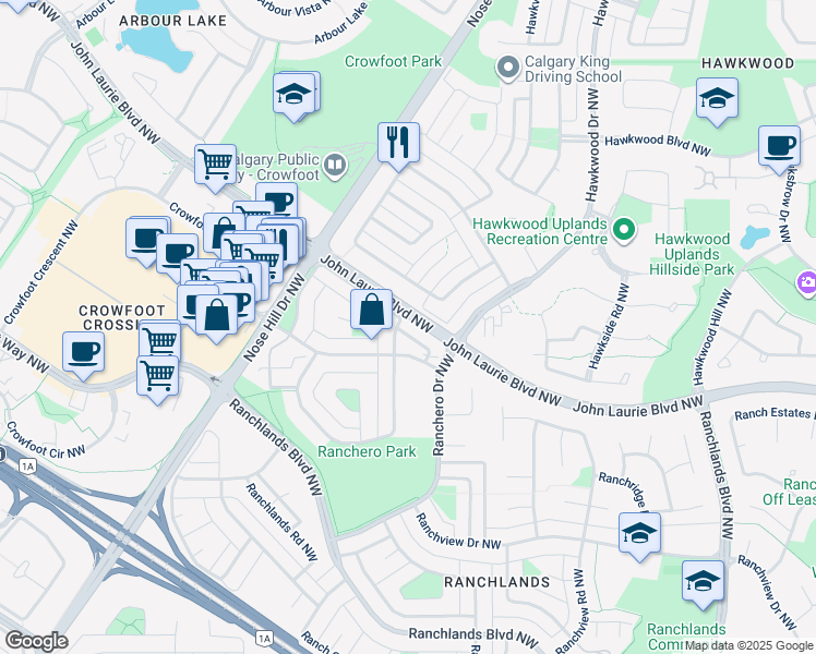 map of restaurants, bars, coffee shops, grocery stores, and more near 40 Range Gardens Northwest in Calgary