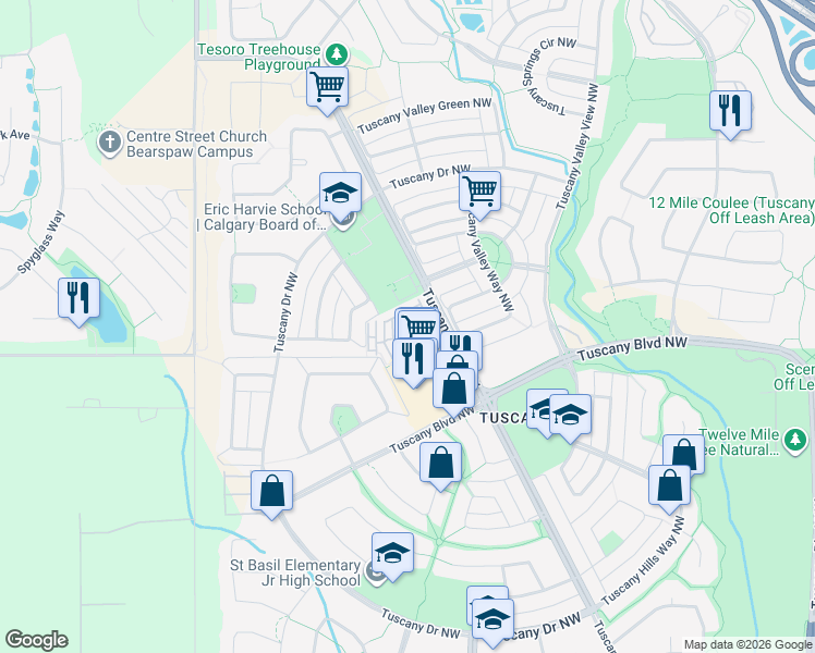 map of restaurants, bars, coffee shops, grocery stores, and more near 131 Tuscany Court Northwest in Calgary
