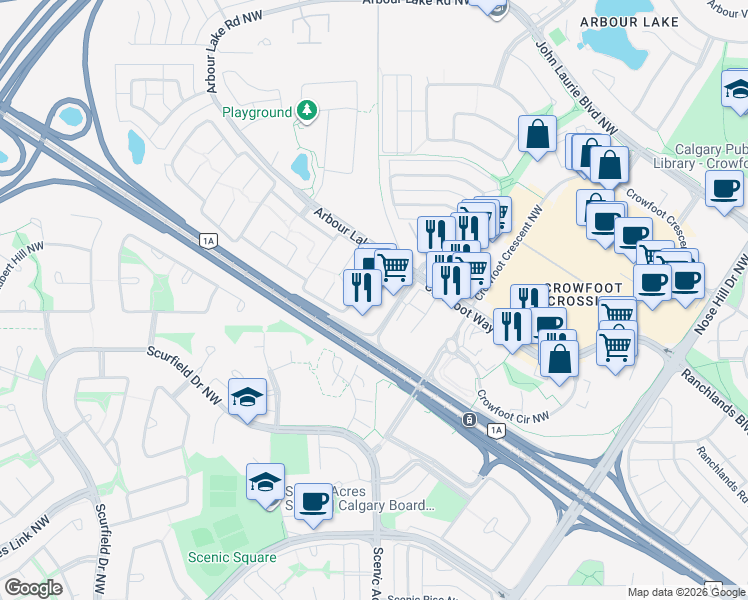 map of restaurants, bars, coffee shops, grocery stores, and more near 21 Crowfoot Rise Northwest in Calgary