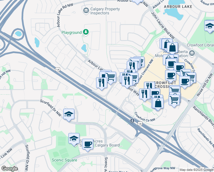 map of restaurants, bars, coffee shops, grocery stores, and more near 33 Crowfoot Rise Northwest in Calgary