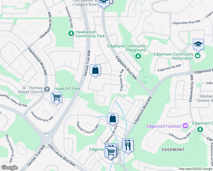 map of restaurants, bars, coffee shops, grocery stores, and more near 51 Edgeland Road Northwest in Calgary