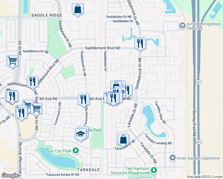 map of restaurants, bars, coffee shops, grocery stores, and more near 7110 80 Avenue Northeast in Calgary