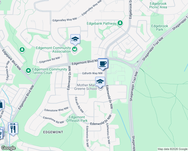 map of restaurants, bars, coffee shops, grocery stores, and more near 39 Edforth Way Northwest in Calgary