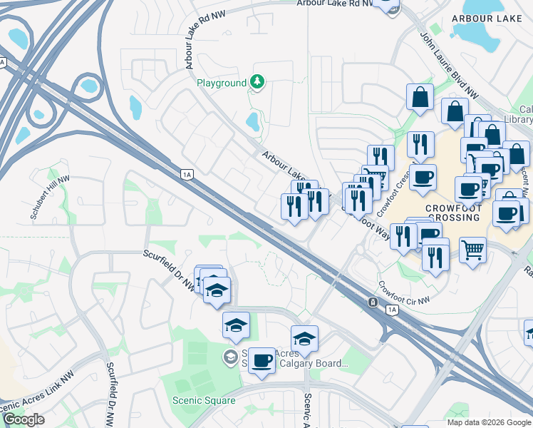 map of restaurants, bars, coffee shops, grocery stores, and more near 21 Crowfoot Rise Northwest in Calgary