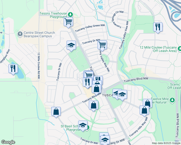 map of restaurants, bars, coffee shops, grocery stores, and more near in Calgary