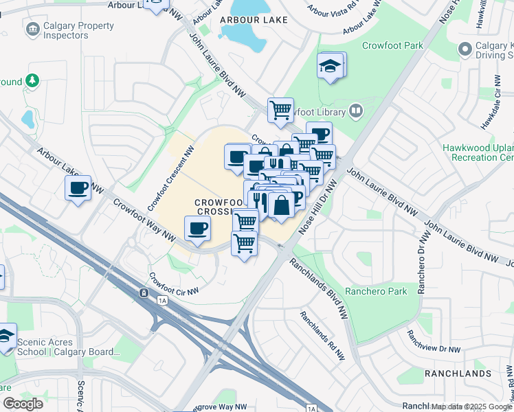 map of restaurants, bars, coffee shops, grocery stores, and more near 95 Crowfoot Crescent Northwest in Calgary
