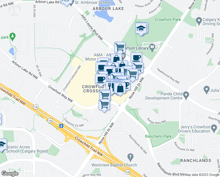map of restaurants, bars, coffee shops, grocery stores, and more near 97 Crowfoot Crescent Northwest in Calgary