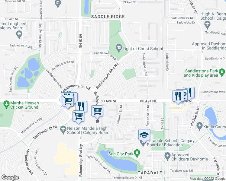 map of restaurants, bars, coffee shops, grocery stores, and more near 111 Saddlemont Crescent Northeast in Calgary
