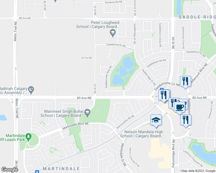 map of restaurants, bars, coffee shops, grocery stores, and more near 598 Saddlecreek Way Northeast in Calgary