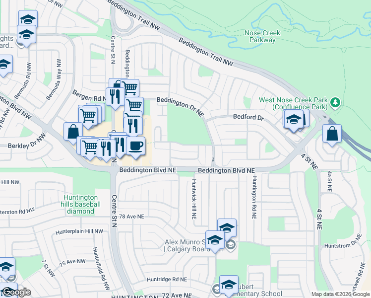 map of restaurants, bars, coffee shops, grocery stores, and more near 39 Bedridge Way Northeast in Calgary