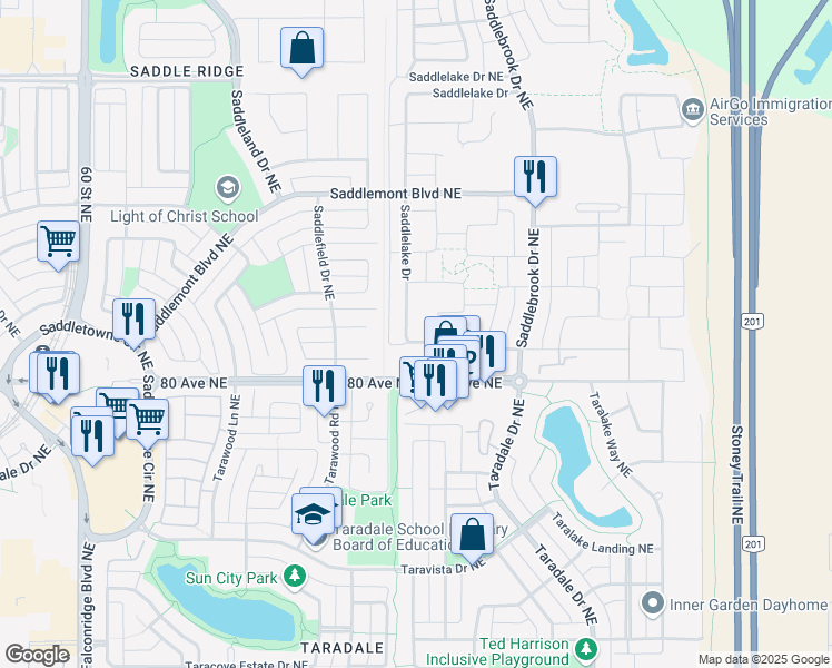 map of restaurants, bars, coffee shops, grocery stores, and more near 116 Saddlelake Drive in Calgary