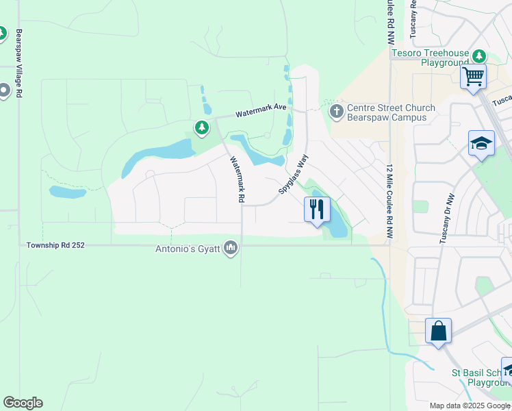 map of restaurants, bars, coffee shops, grocery stores, and more near 198 Spyglass Way in Calgary