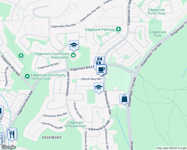 map of restaurants, bars, coffee shops, grocery stores, and more near 39 Edforth Way Northwest in Calgary