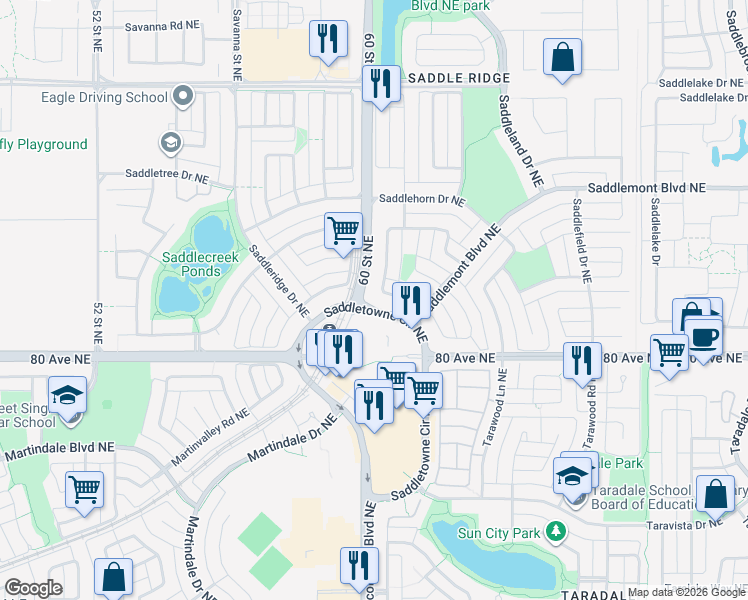 map of restaurants, bars, coffee shops, grocery stores, and more near 6118 80 Avenue Northeast in Calgary