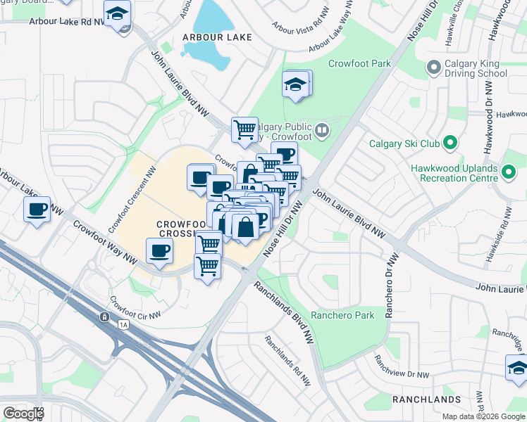 map of restaurants, bars, coffee shops, grocery stores, and more near 140 Crowfoot Crescent Northwest in Calgary