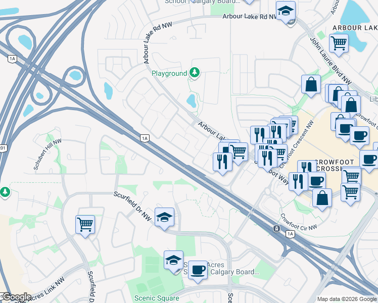 map of restaurants, bars, coffee shops, grocery stores, and more near Unnamed Road in Calgary