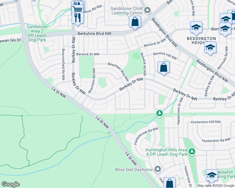 map of restaurants, bars, coffee shops, grocery stores, and more near 1227 Berkley Drive Northwest in Calgary