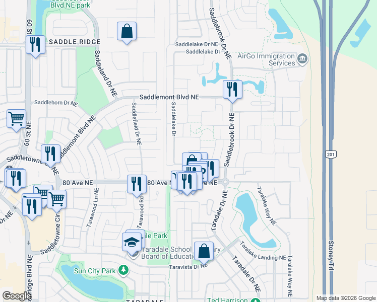 map of restaurants, bars, coffee shops, grocery stores, and more near Saddlelake Grove Northeast in Calgary