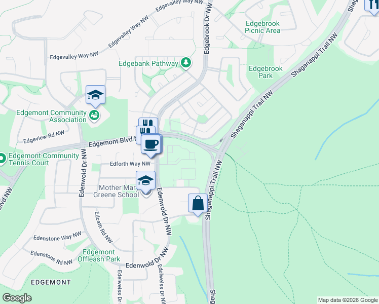 map of restaurants, bars, coffee shops, grocery stores, and more near 1821 Edenwold Heights Northwest in Calgary