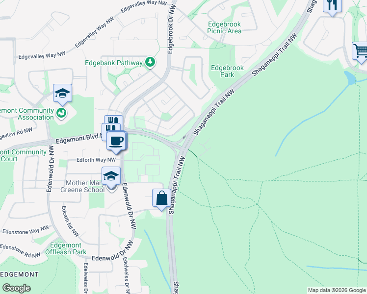 map of restaurants, bars, coffee shops, grocery stores, and more near Shaganappi Trail Northwest in Calgary