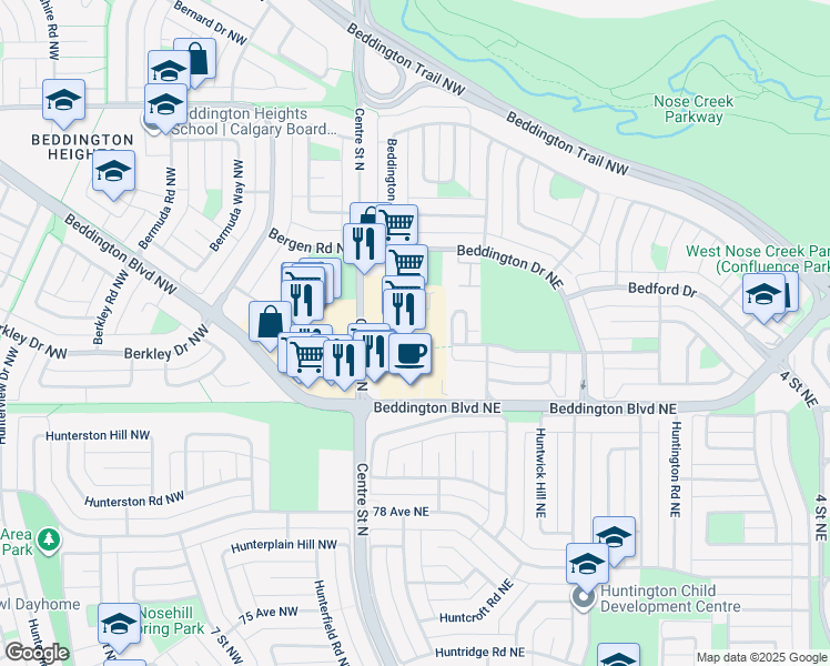 map of restaurants, bars, coffee shops, grocery stores, and more near 180 Bedridge Place Northeast in Calgary
