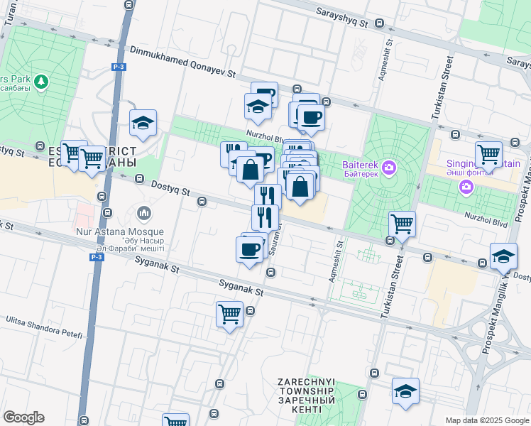 map of restaurants, bars, coffee shops, grocery stores, and more near in Nur-Sultan
