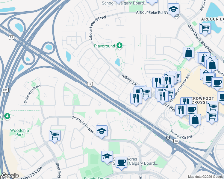 map of restaurants, bars, coffee shops, grocery stores, and more near Unnamed Road in Calgary