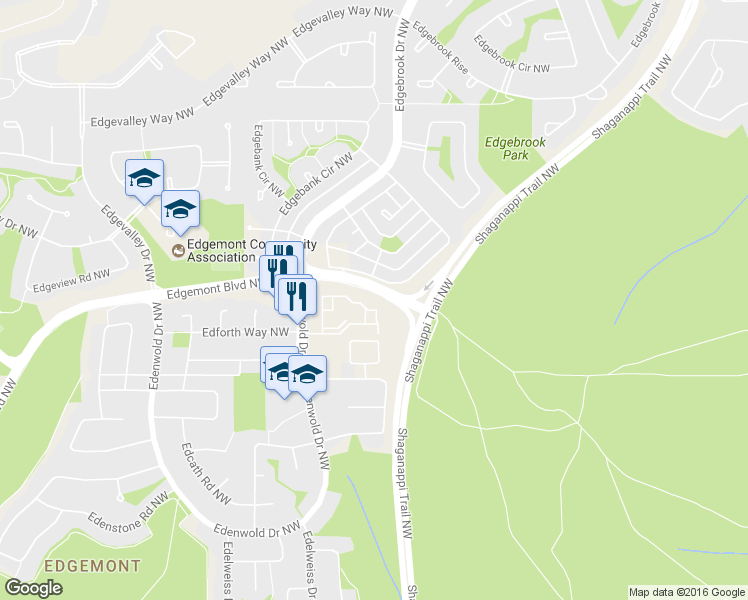 map of restaurants, bars, coffee shops, grocery stores, and more near 16 Edgebrook Road Northwest in Calgary