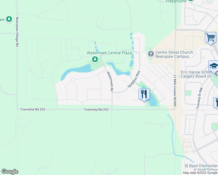map of restaurants, bars, coffee shops, grocery stores, and more near 31 Watermark Road in Calgary