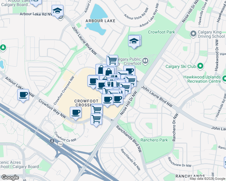 map of restaurants, bars, coffee shops, grocery stores, and more near 140 Crowfoot Crescent Northwest in Calgary