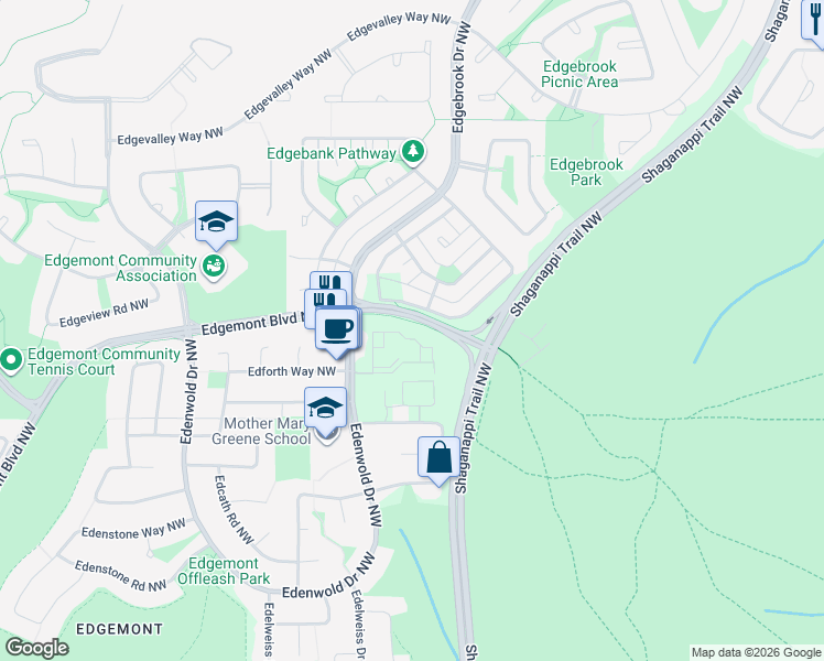 map of restaurants, bars, coffee shops, grocery stores, and more near 2100 Edenwold Heights Northwest in Calgary