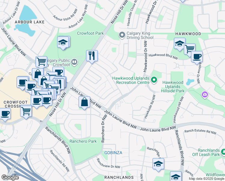 map of restaurants, bars, coffee shops, grocery stores, and more near 15 Hawkwood Way Northwest in Calgary