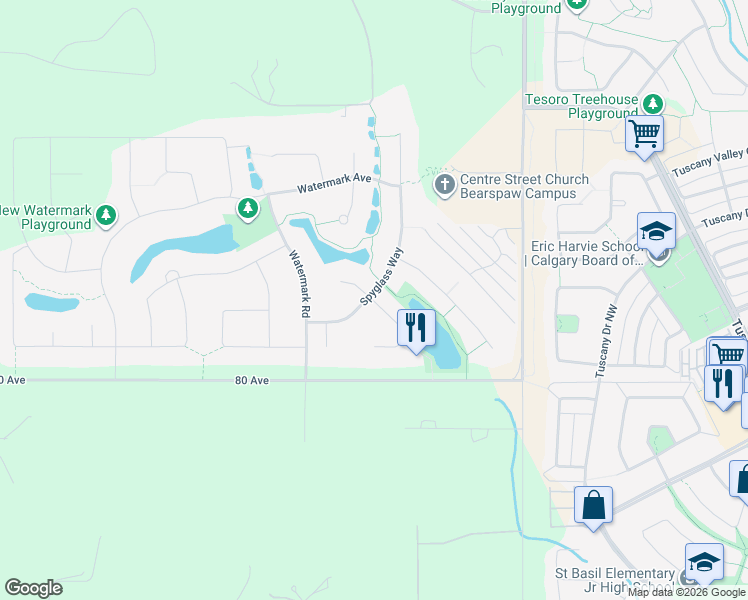 map of restaurants, bars, coffee shops, grocery stores, and more near 51 Waterside Court in Calgary