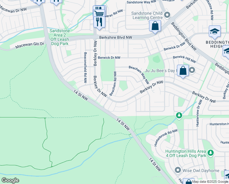map of restaurants, bars, coffee shops, grocery stores, and more near 20 Beacham Road Northwest in Calgary