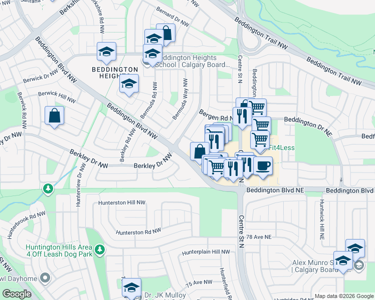 map of restaurants, bars, coffee shops, grocery stores, and more near 16 Bermuda Drive Northwest in Calgary