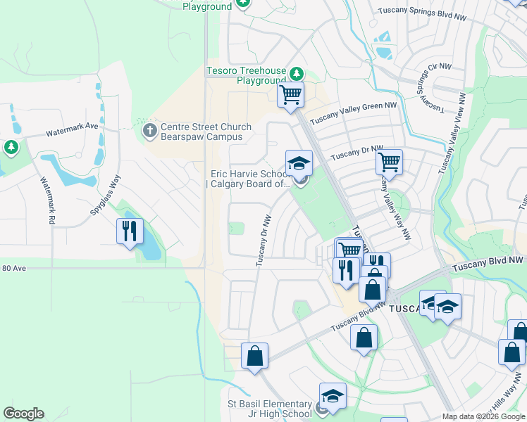 map of restaurants, bars, coffee shops, grocery stores, and more near 410 Tuscany Drive Northwest in Calgary