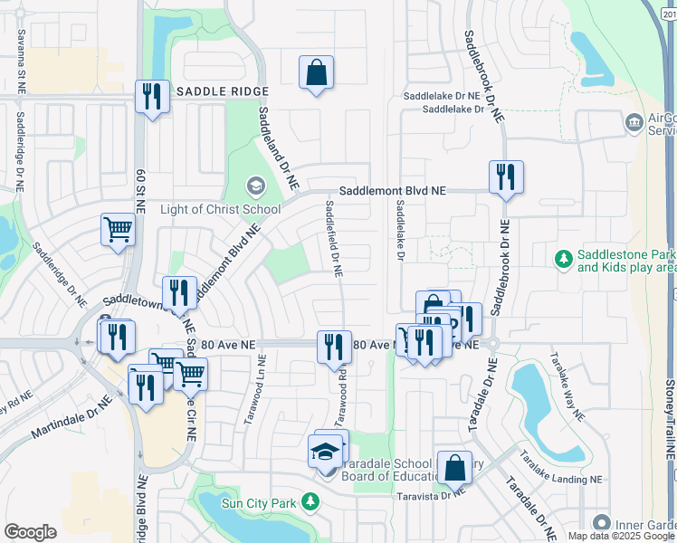 map of restaurants, bars, coffee shops, grocery stores, and more near Saddlefield Drive Northeast in Calgary