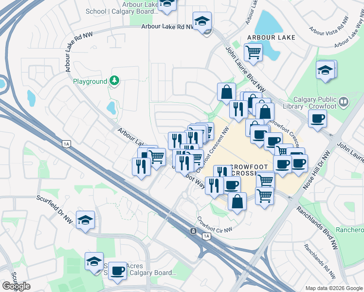 map of restaurants, bars, coffee shops, grocery stores, and more near Arbour Grove Close Northwest in Calgary