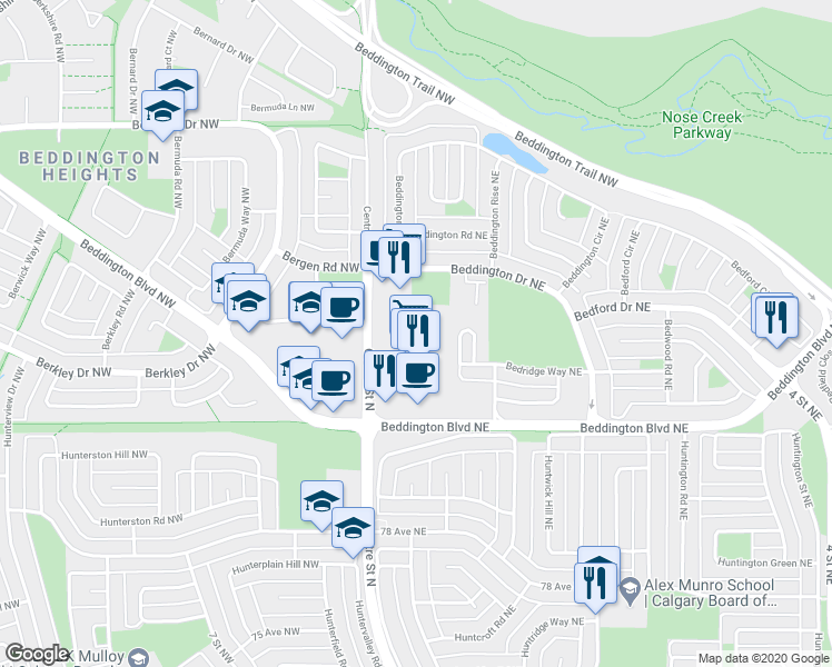map of restaurants, bars, coffee shops, grocery stores, and more near 180 Bedridge Place Northeast in Calgary