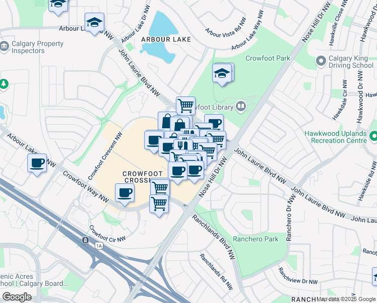 map of restaurants, bars, coffee shops, grocery stores, and more near 28 Crowfoot Terrace Northwest in Calgary