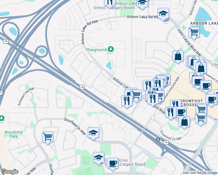 map of restaurants, bars, coffee shops, grocery stores, and more near Unnamed Road in Calgary