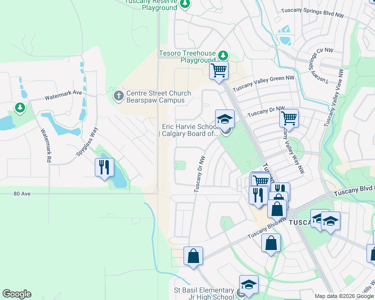 map of restaurants, bars, coffee shops, grocery stores, and more near 35 Tuscany Ridge Crescent Northwest in Calgary