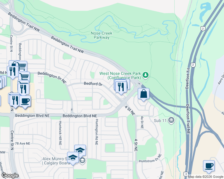 map of restaurants, bars, coffee shops, grocery stores, and more near 140 Bedford Drive Northeast in Calgary