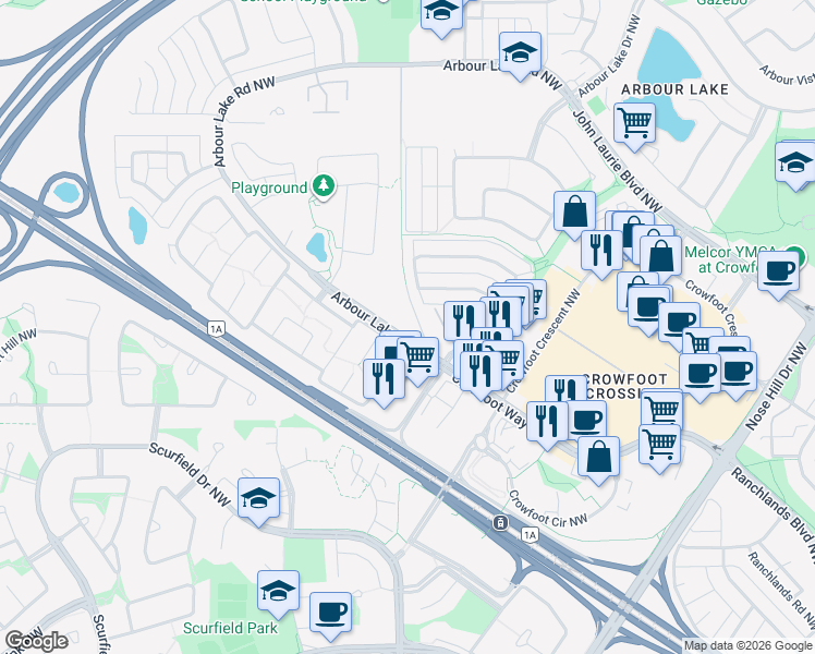 map of restaurants, bars, coffee shops, grocery stores, and more near 88 Arbour Lake Road Northwest in Calgary