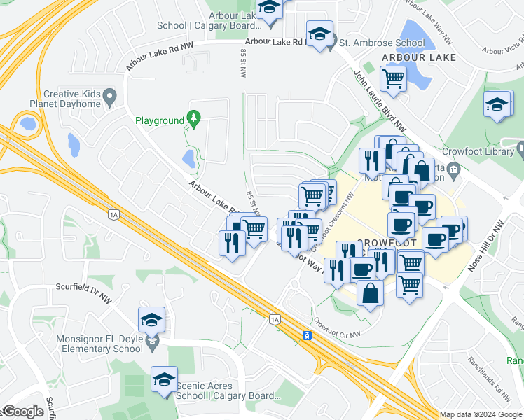 map of restaurants, bars, coffee shops, grocery stores, and more near in Calgary